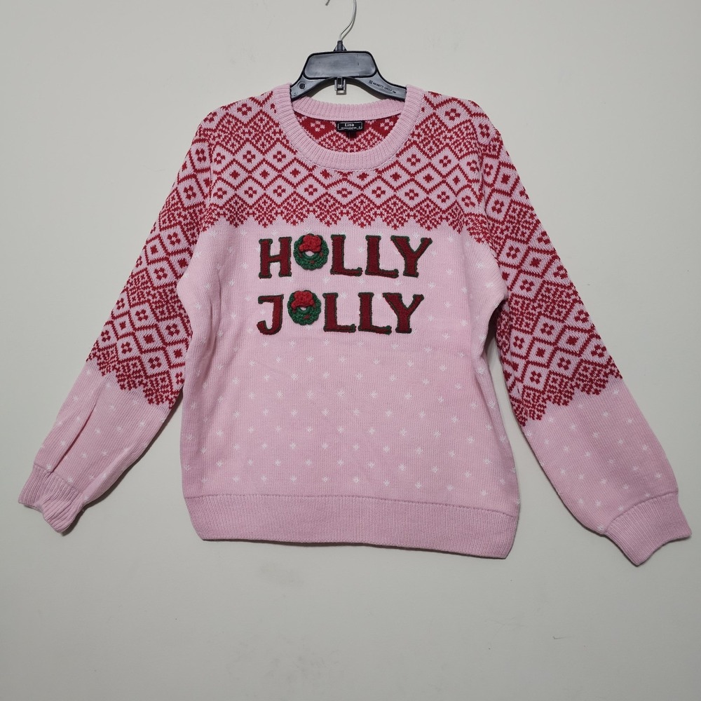 Womens Sweater XLarge Red Pink Long Sleeves Crew Round Neck Holly Jolly New 1148